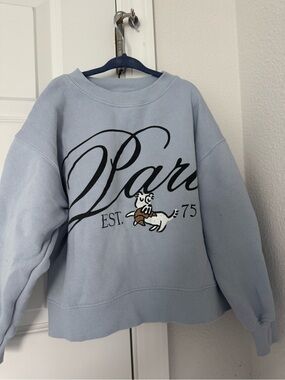 Zara Light Blue 'Paris' Graphic Sweatshirt with Dog Motif
